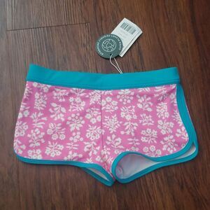 Boden Kids Pink Floral Teal Trim Swim Shorts Size 5/6 Chic Cute Summer New
